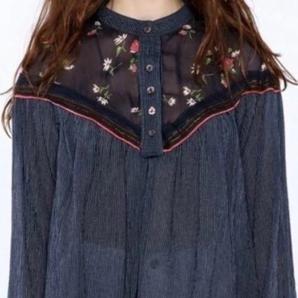 FREE People Navy Blue Pinstripe Sheer Floral Boho Oversized Tunic Blouse Top - Picture 15 of 16